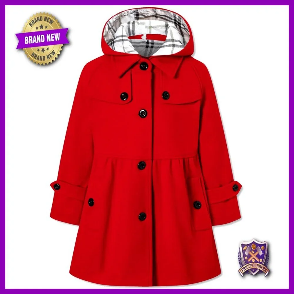 Girls Wool Blend Hooded Peacoat Classic Chic Outerwear Fall Winter Cozy
